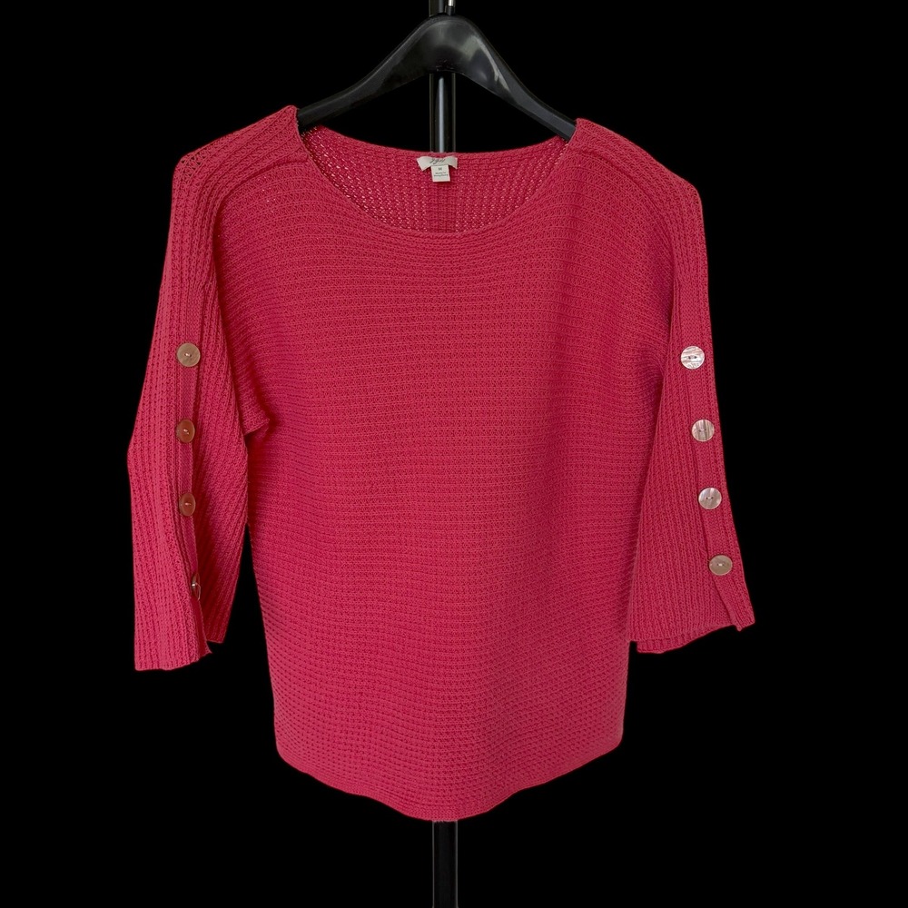 J. Jill Women Pink Cotton Blend Button Sleeve Knit Sweater Size M RN 97641